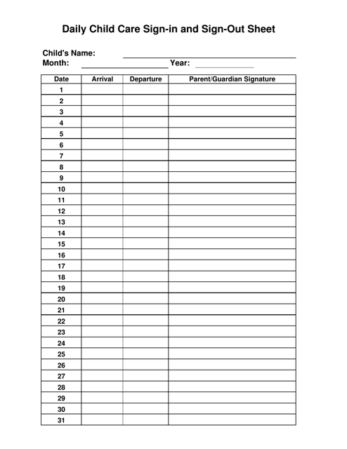 Daily Child Care Sign-In and Sign-Out Sheet - South Dakota Download Pdf