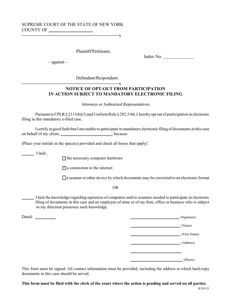 Notice of Opt-Out From Participation in Action Subject to Mandatory Electronic Filing - New York, Page 1