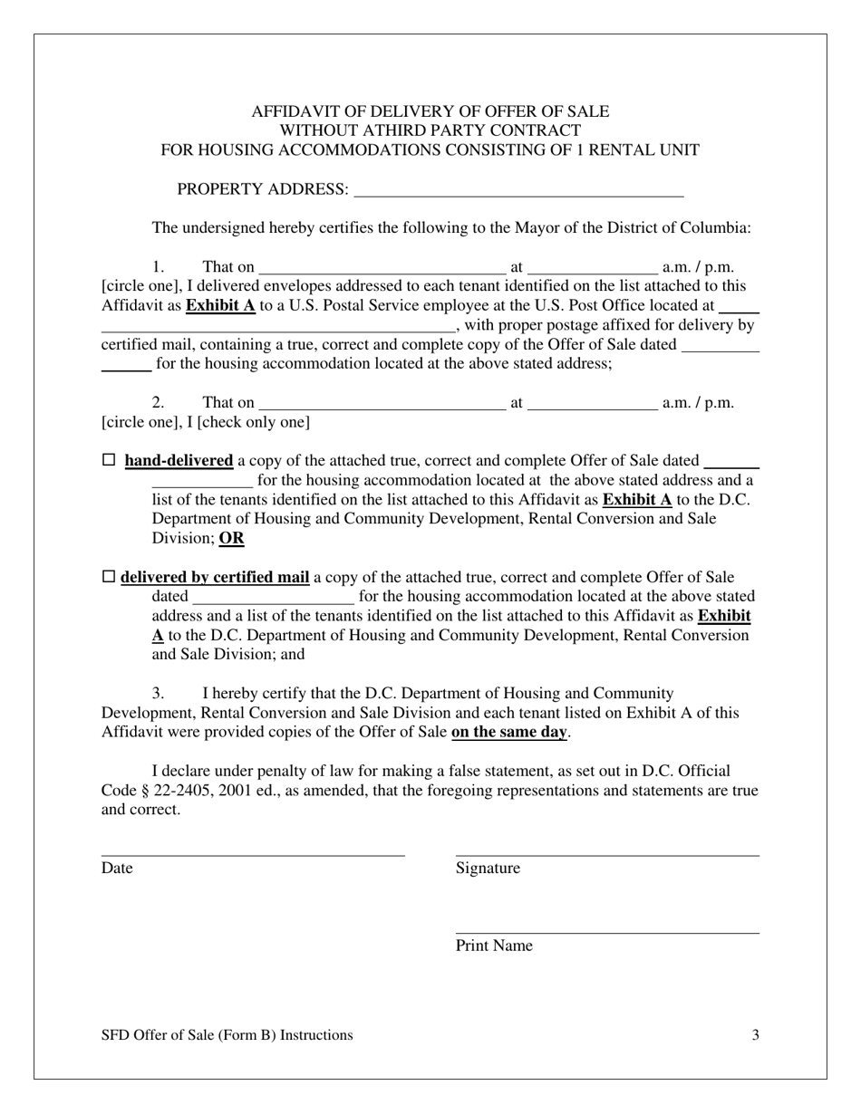 Form B Offer of Sale  Tenant Opportunity to Purchase Without a Third Party Sale Contract for a Single Rented Family House, a Single Rented Condominium Unit or a Single Rented Cooperative Unit - Washington, D.C., Page 3