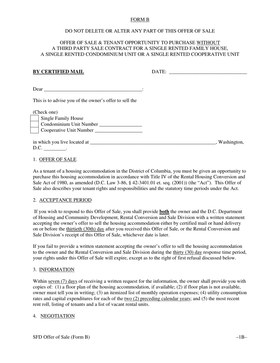 Form B Offer of Sale  Tenant Opportunity to Purchase Without a Third Party Sale Contract for a Single Rented Family House, a Single Rented Condominium Unit or a Single Rented Cooperative Unit - Washington, D.C., Page 4