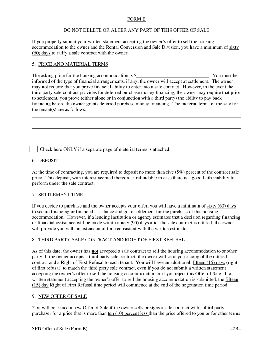 Form B Offer of Sale  Tenant Opportunity to Purchase Without a Third Party Sale Contract for a Single Rented Family House, a Single Rented Condominium Unit or a Single Rented Cooperative Unit - Washington, D.C., Page 5