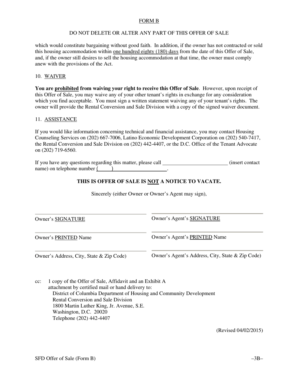 Form B Offer of Sale  Tenant Opportunity to Purchase Without a Third Party Sale Contract for a Single Rented Family House, a Single Rented Condominium Unit or a Single Rented Cooperative Unit - Washington, D.C., Page 6