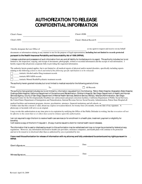 Authorization to Release Confidential Information - County of San Diego, California Download Pdf