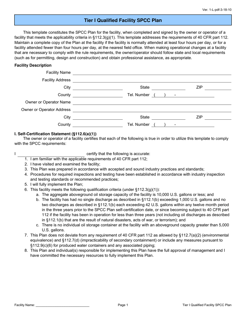 Tier I Qualified Facility Spcc Plan Template Download Fillable PDF