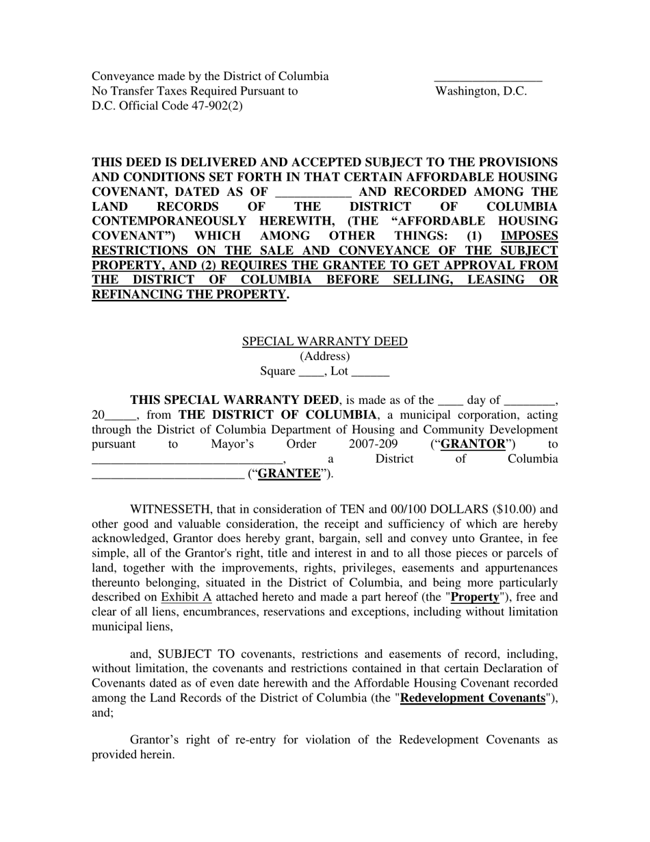 Special Warranty Deed - Washington, D.C., Page 1