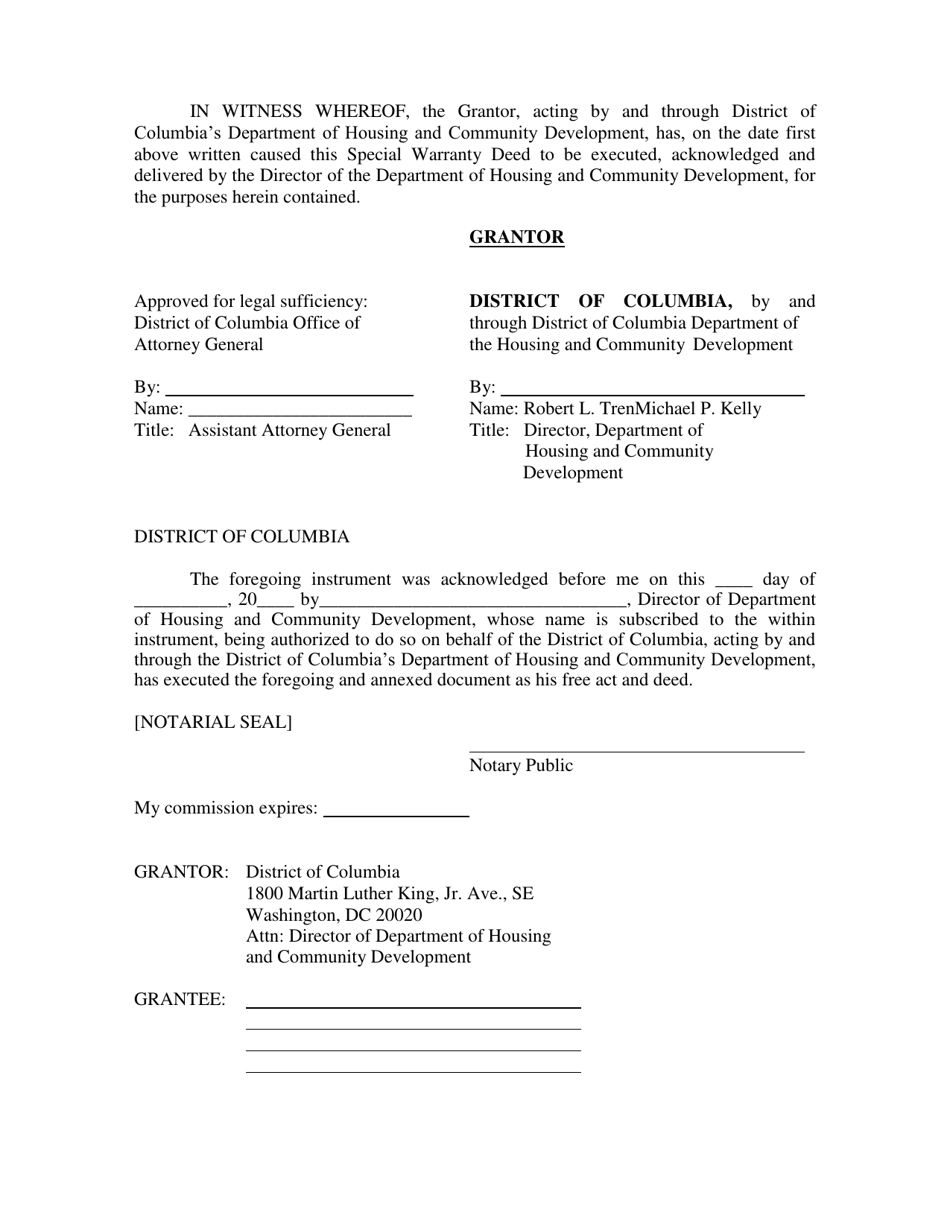 Special Warranty Deed - Washington, D.C., Page 3