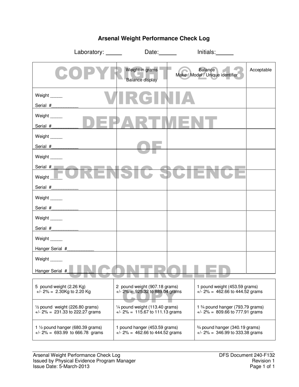 DFS Form 240-F132 Arsenal Weight Performance Check Log - Virginia, Page 1
