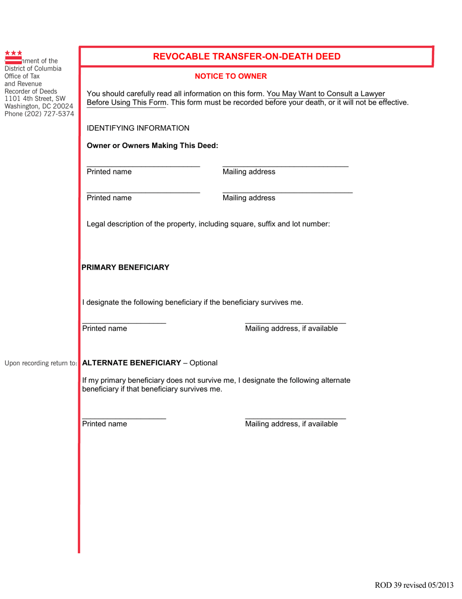 Form ROD39 Transfer-On-Death Deed - Washington, D.C., Page 1