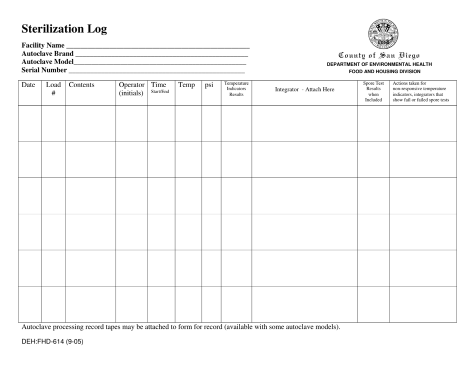 Form DEH:FHD-614 Body Art Sterilization Log - County of San Diego, California, Page 1