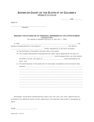 Request for Extension of Personal Representative&#039;s Appointment and Order - Washington, D.C.