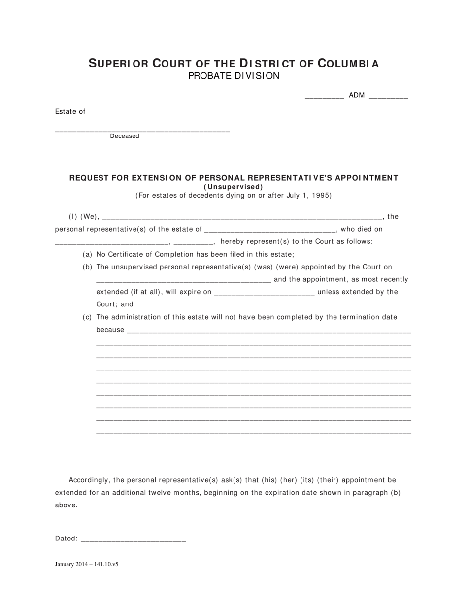 Request for Extension of Personal Representatives Appointment and Order - Washington, D.C., Page 1