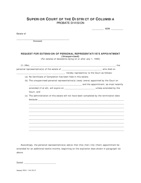 Request for Extension of Personal Representative's Appointment and Order - Washington, D.C. Download Pdf