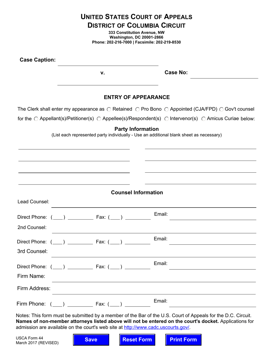 USCA Form 44 Entry of Appearance - Washington, D.C., Page 1