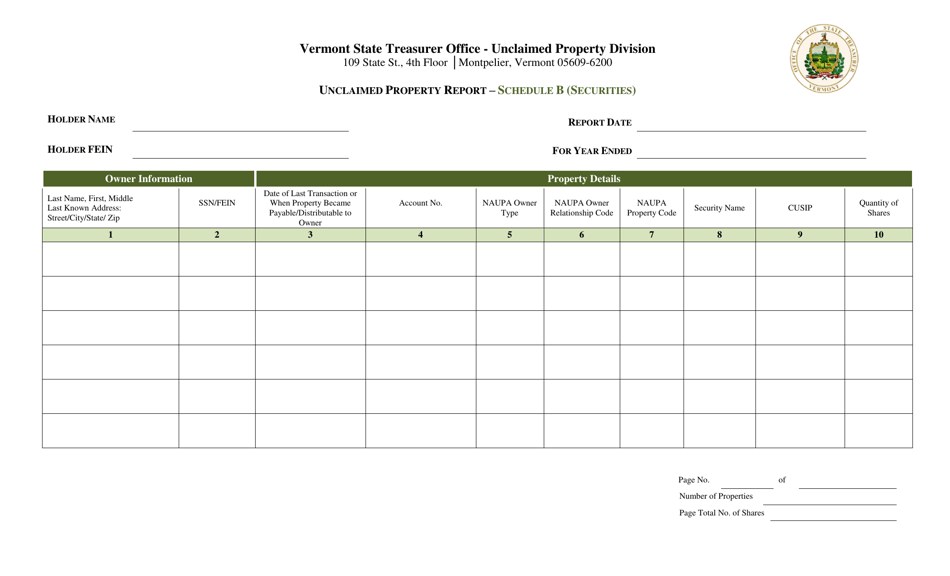 Vermont Unclaimed Property Report Securities Fill Out, Sign Online
