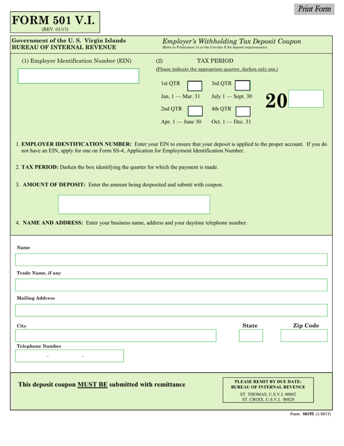 Form 501 V.I. Employer's Withholding Tax Deposit Coupon - Virgin Islands