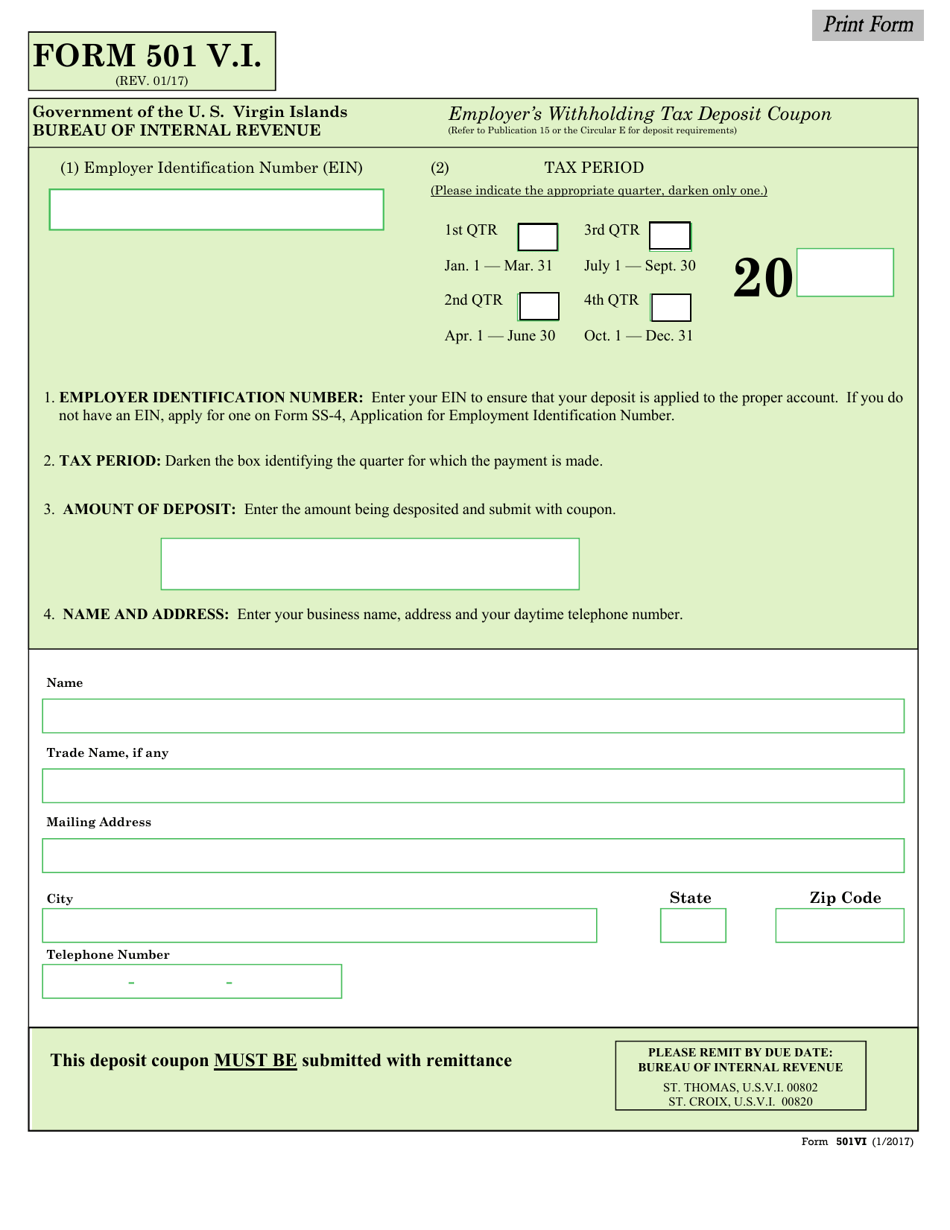 Form 501 V.I. Employers Withholding Tax Deposit Coupon - Virgin Islands, Page 1