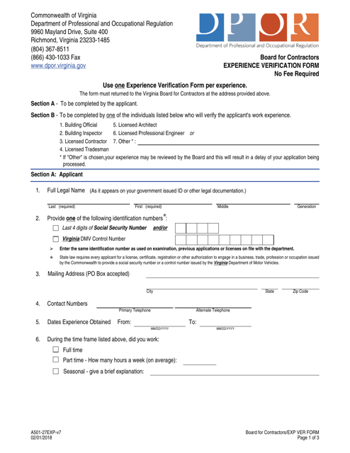Form A-501-27EXP Contractor Experience Verification Form - Virginia