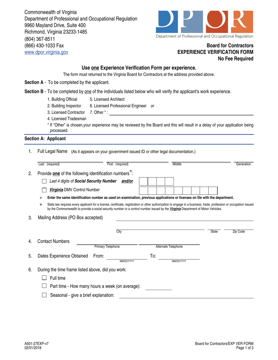 Form A-501-27EXP Contractor Experience Verification Form - Virginia, Page 1
