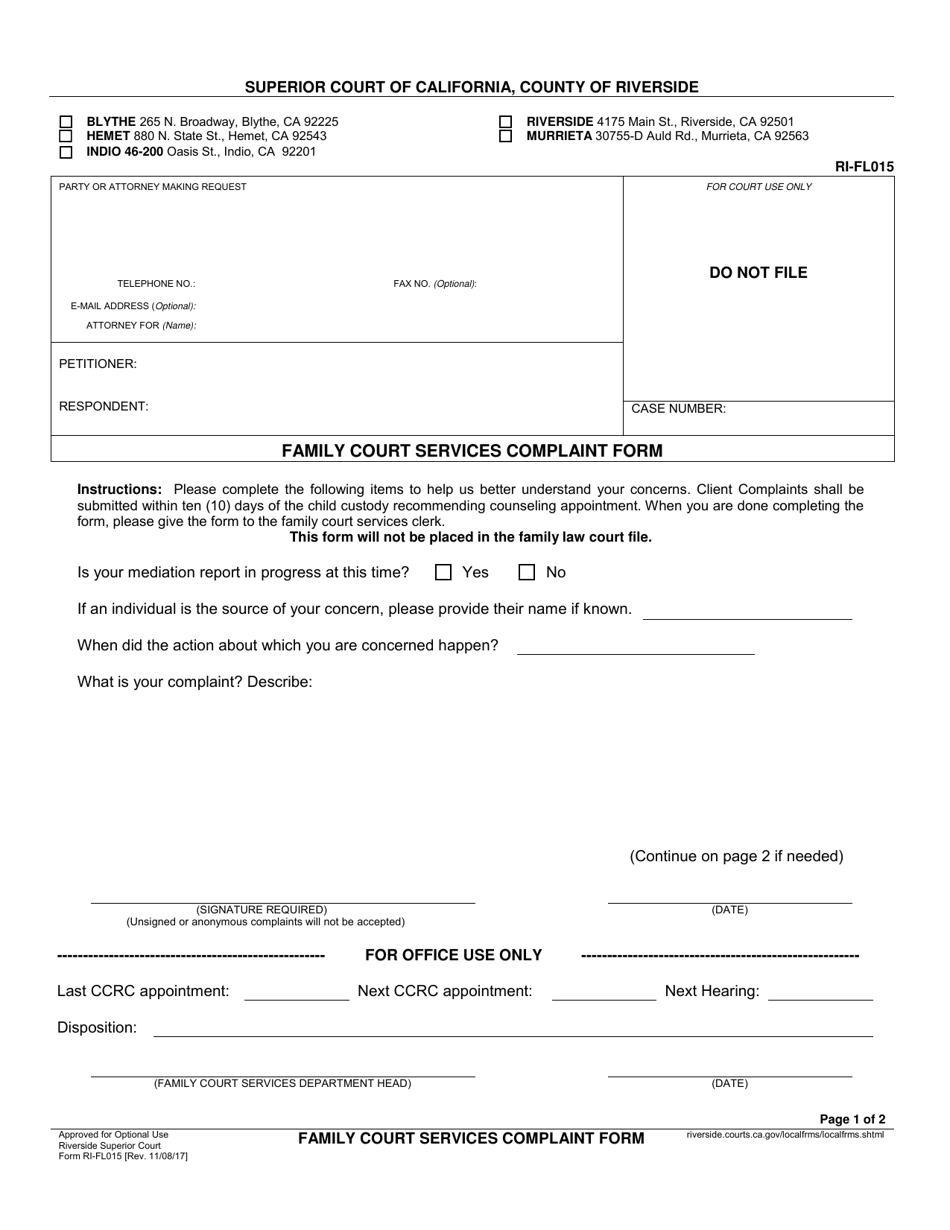 Form RI-FL015 Family Court Services Complaint Form - County of Riverside, California, Page 1