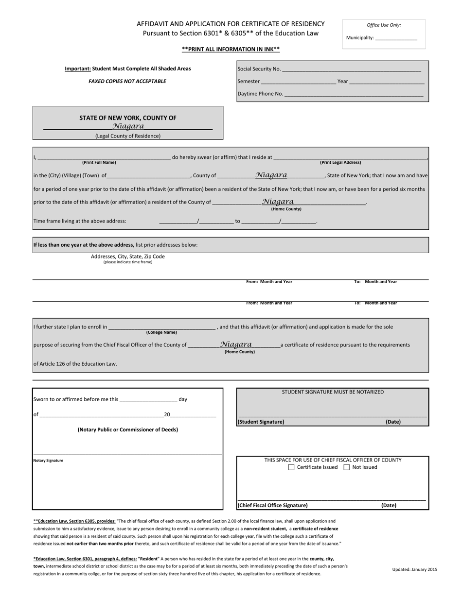 Affidavit and Application for Certificate of Residency - Niagara County, New York, Page 1