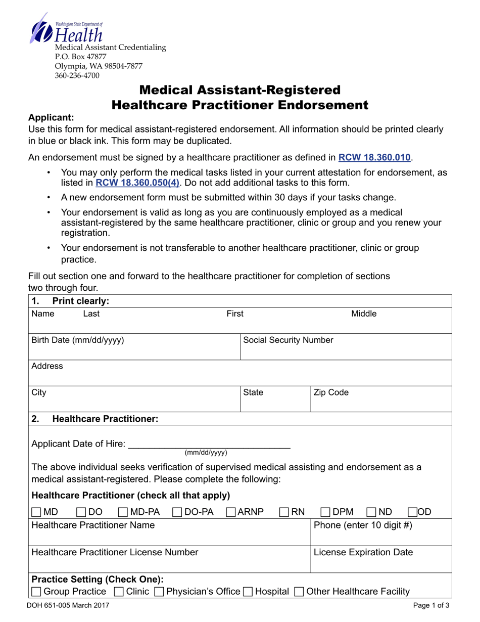 DOH Form 651-005 Medical Assistant-Registered Healthcare Practitioner Endorsement - Washington, Page 1