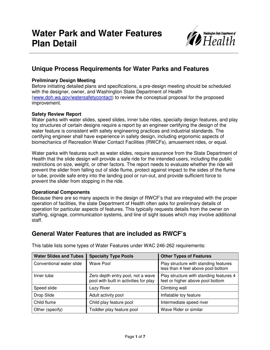 DOH Form 333-216 Water Park and Water Features Plan Detail - Washington, Page 1