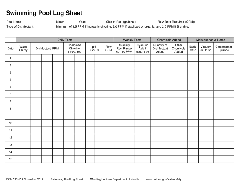 DOH Form 333-132 Swimming Pool Log Sheet - Washington