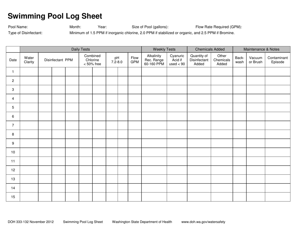 DOH Form 333-132 Swimming Pool Log Sheet - Washington, Page 1