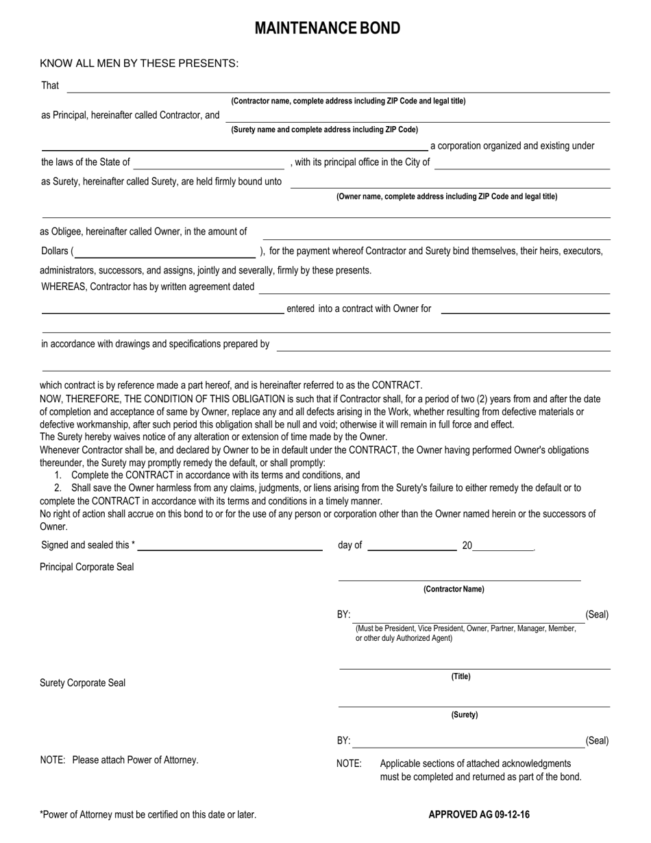 West Virginia Maintenance Bond Form - Fill Out, Sign Online and ...