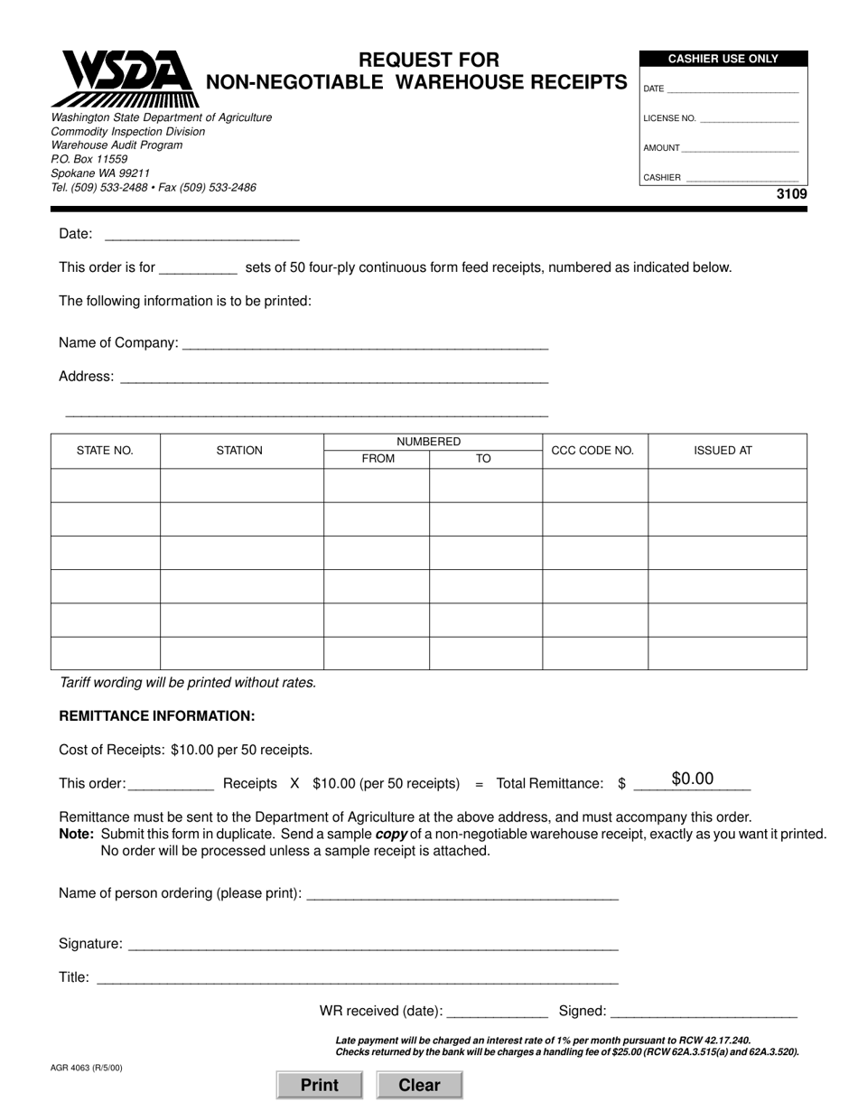 Form AGR4063 Request for Non-negotiable Warehouse Receipts - Washington, Page 1