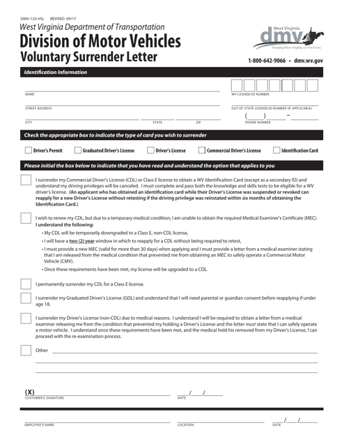 Form DMV-123-VSL Voluntary Surrender Letter - West Virginia