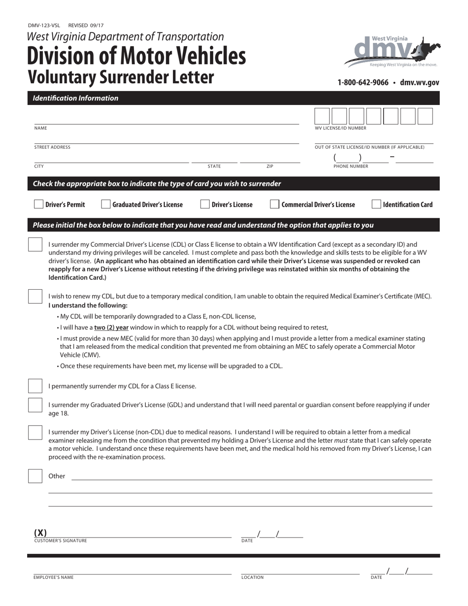 Form DMV-123-VSL Voluntary Surrender Letter - West Virginia, Page 1