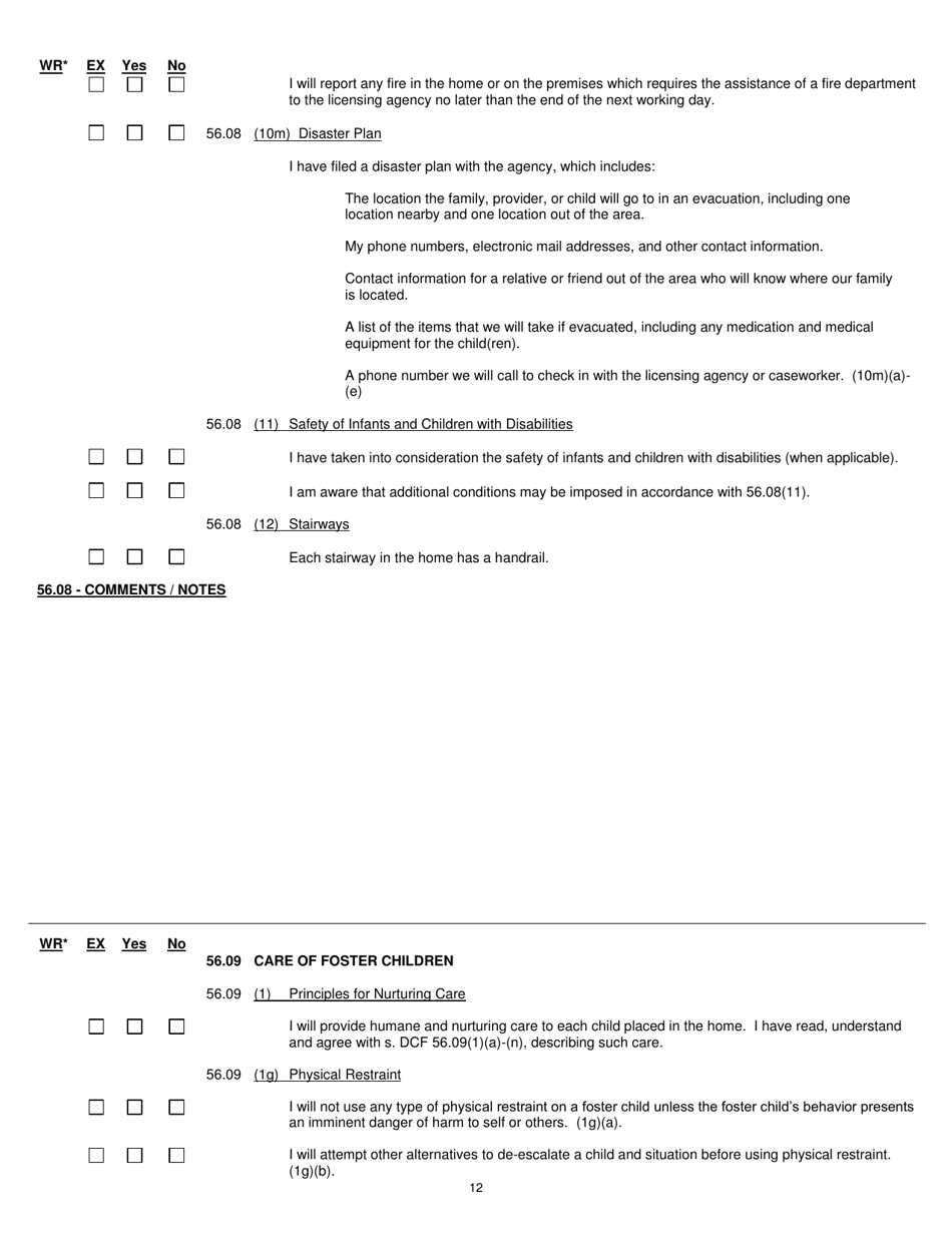 Form DCF-F-CFS0787 Child Foster Care Licensing Checklist - Wisconsin, Page 12