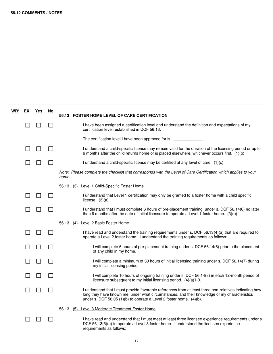 Form DCF-F-CFS0787 Child Foster Care Licensing Checklist - Wisconsin, Page 17