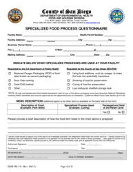 Form DEH:FH-131 Specialized Food Process Questionnaire - County of San Diego, California