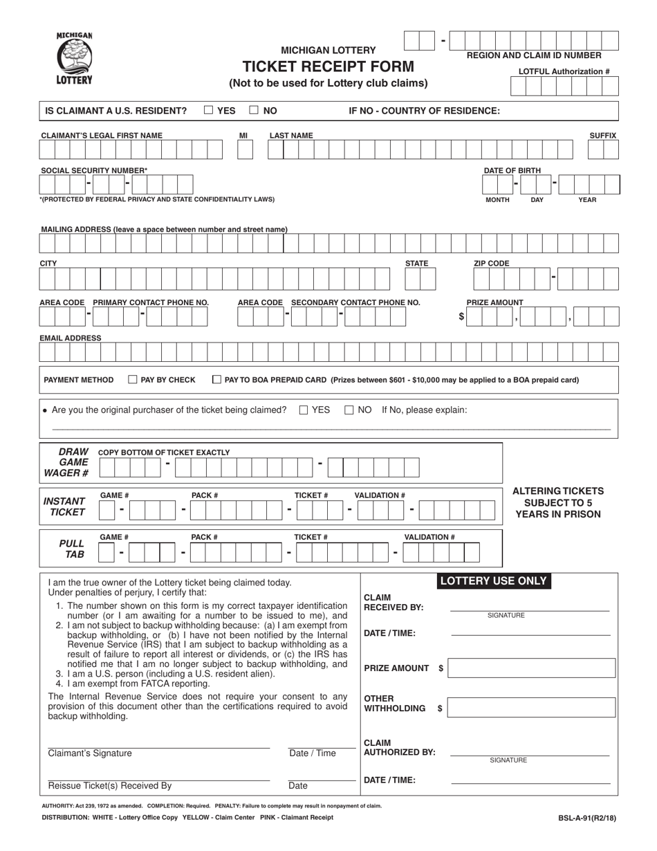 Form BSL-A-91 Ticket Receipt Form - Michigan, Page 2