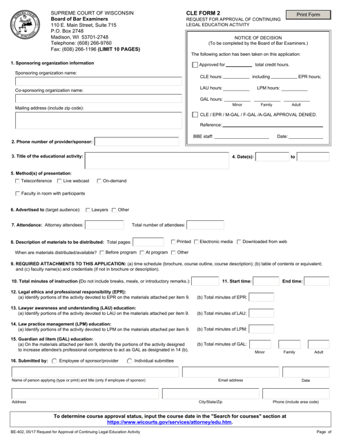 CLE Form 2 Request for Approval of Continuing Legal Education Activity - Wisconsin