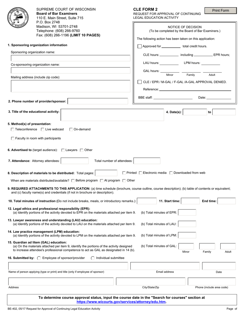 CLE Form 2 Request for Approval of Continuing Legal Education Activity - Wisconsin, Page 1