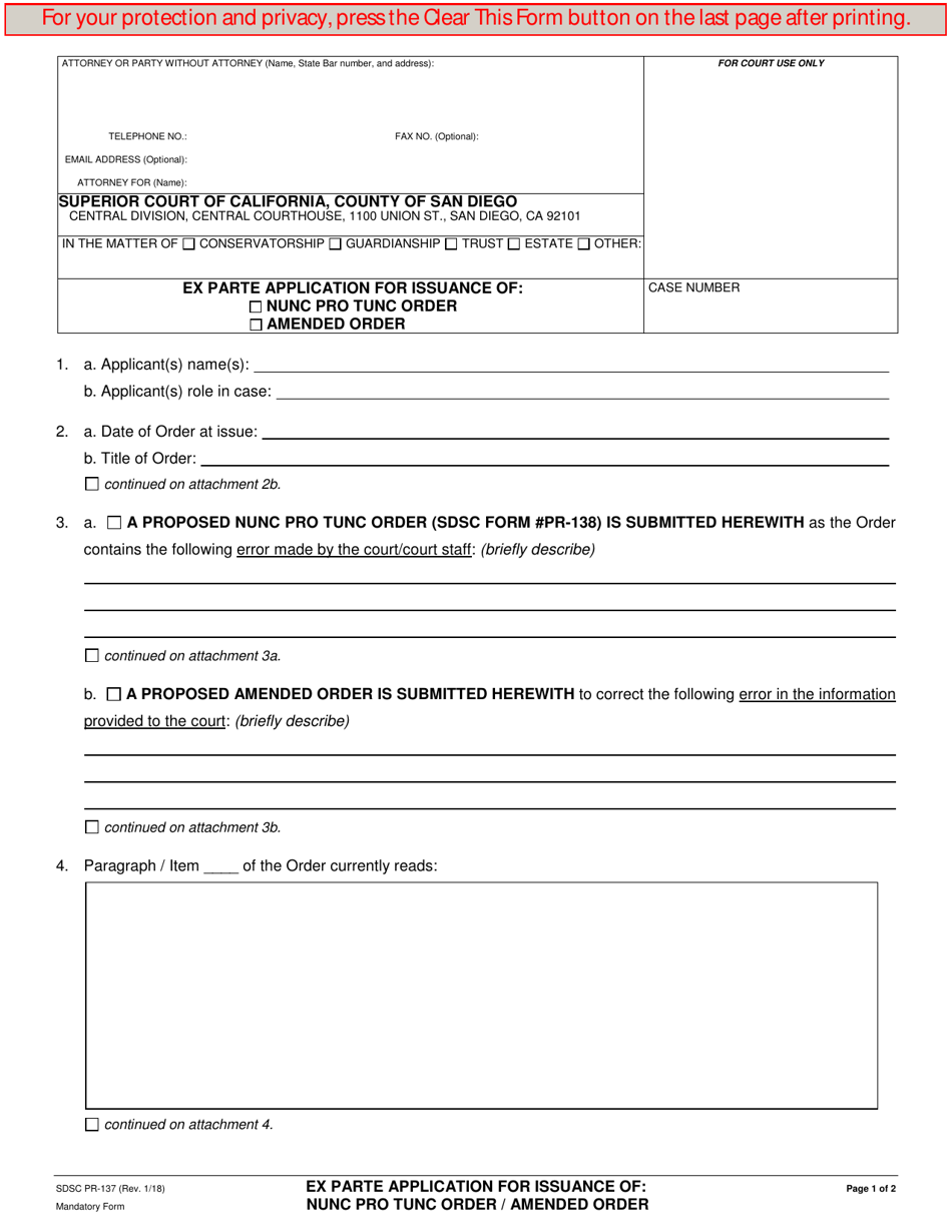 Form PR-137 Ex Parte Application for Issuance of Nunc Pro Tunc Order / Amended Order - County of San Diego, California, Page 1