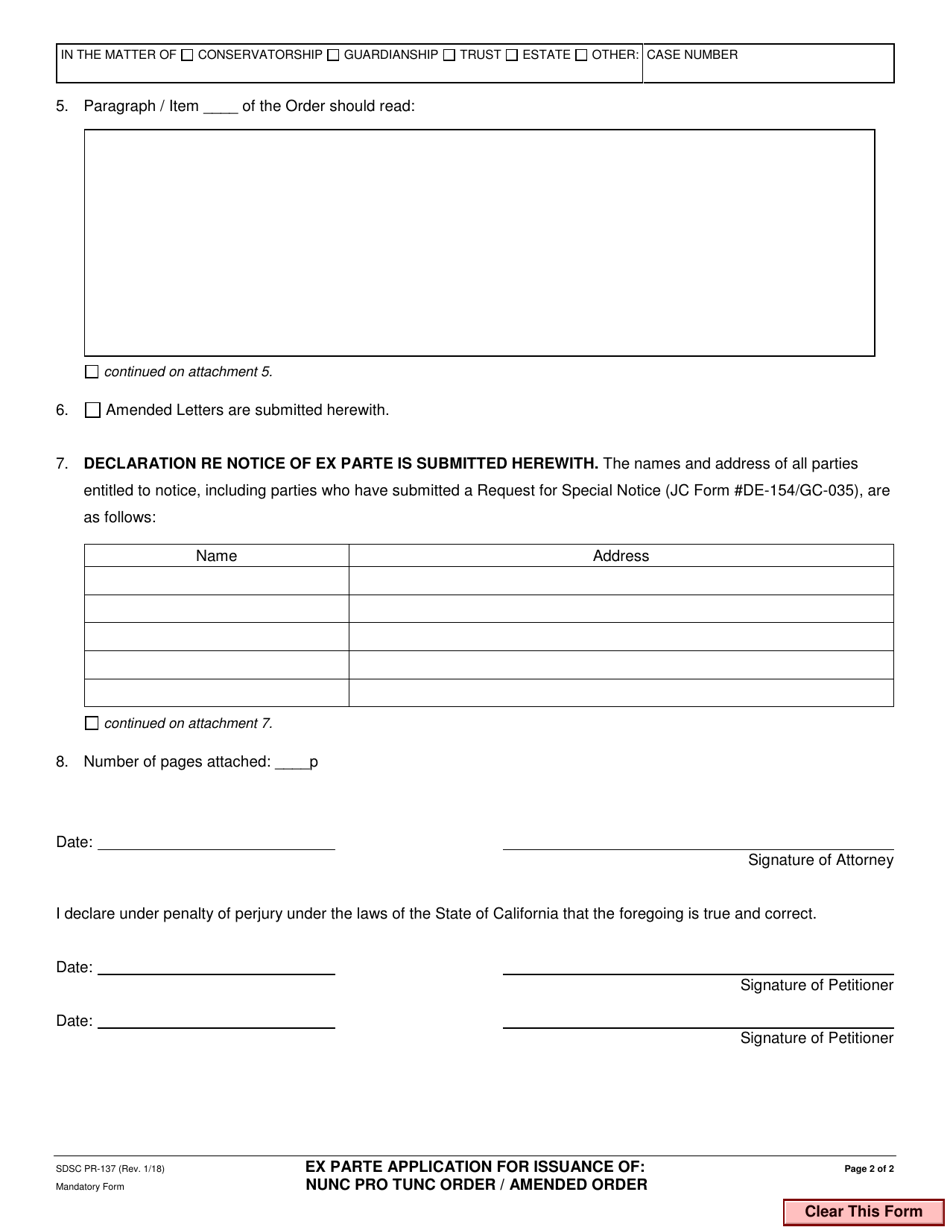 Form PR-137 Ex Parte Application for Issuance of Nunc Pro Tunc Order / Amended Order - County of San Diego, California, Page 2