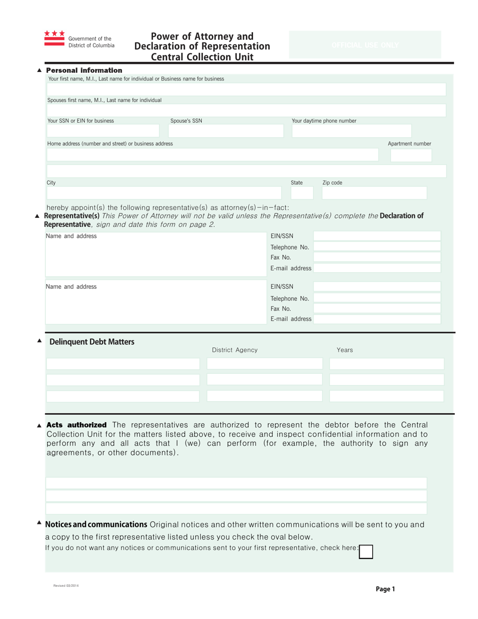 Power of Attorney and Declaration of Representation - Central Collection Unit - Washington, D.C., Page 1