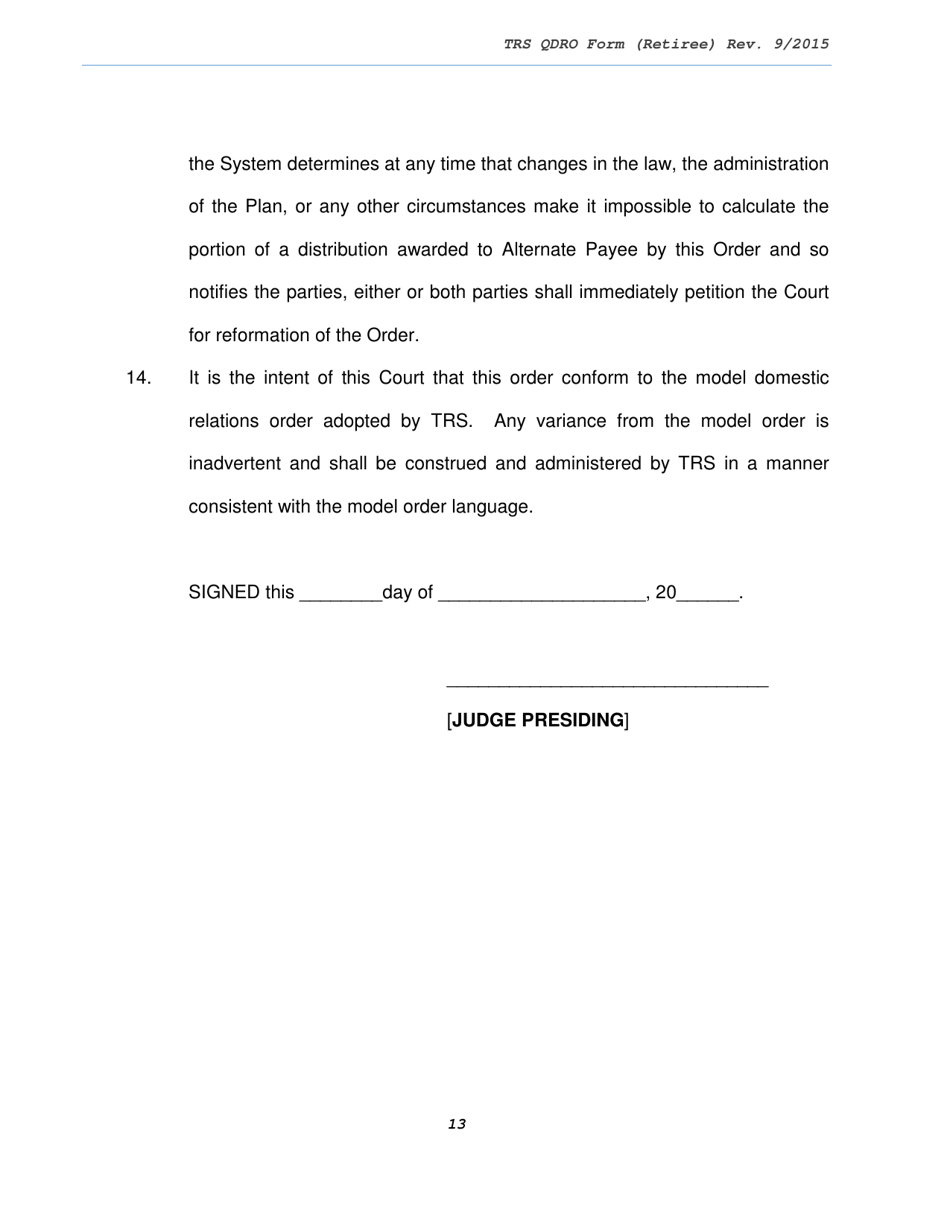 Trs Model Domestic Relations Order for Retiree - Texas, Page 13
