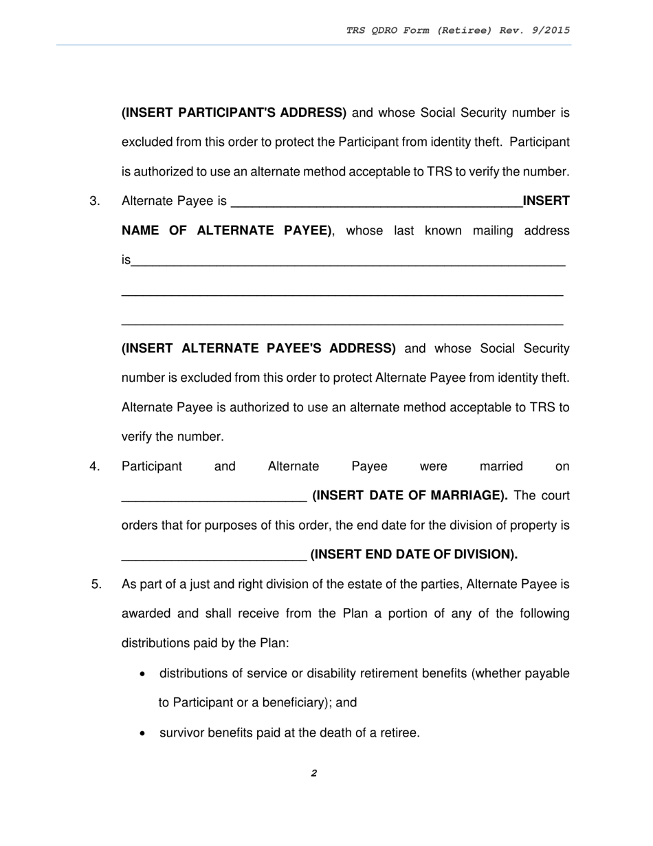Trs Model Domestic Relations Order for Retiree - Texas, Page 2