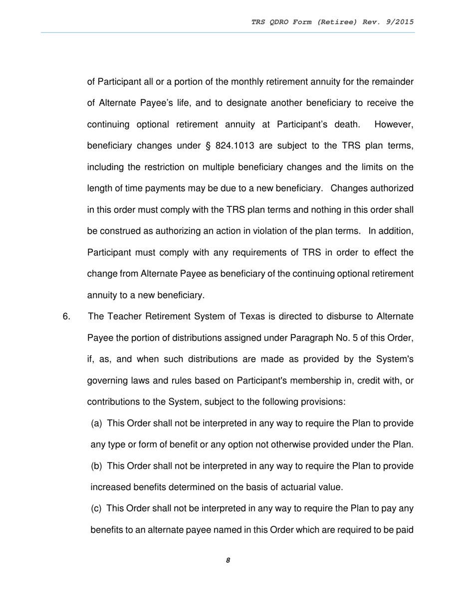 Trs Model Domestic Relations Order for Retiree - Texas, Page 8