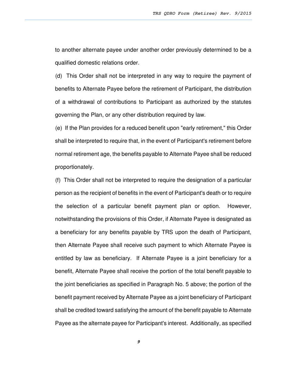 Trs Model Domestic Relations Order for Retiree - Texas, Page 9