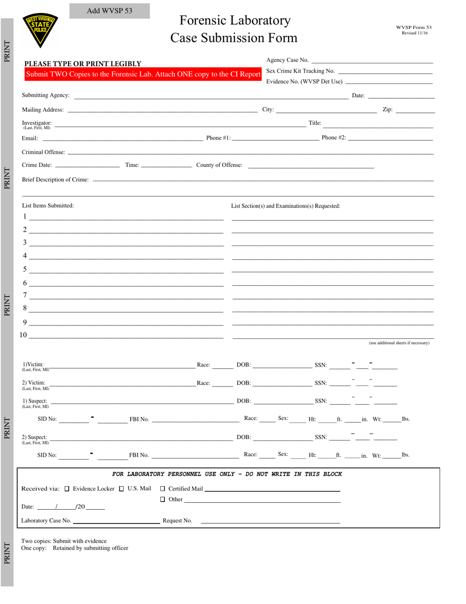 WVSP Form 53 Forensic Laboratory Case Submission Form - West Virginia, Page 1