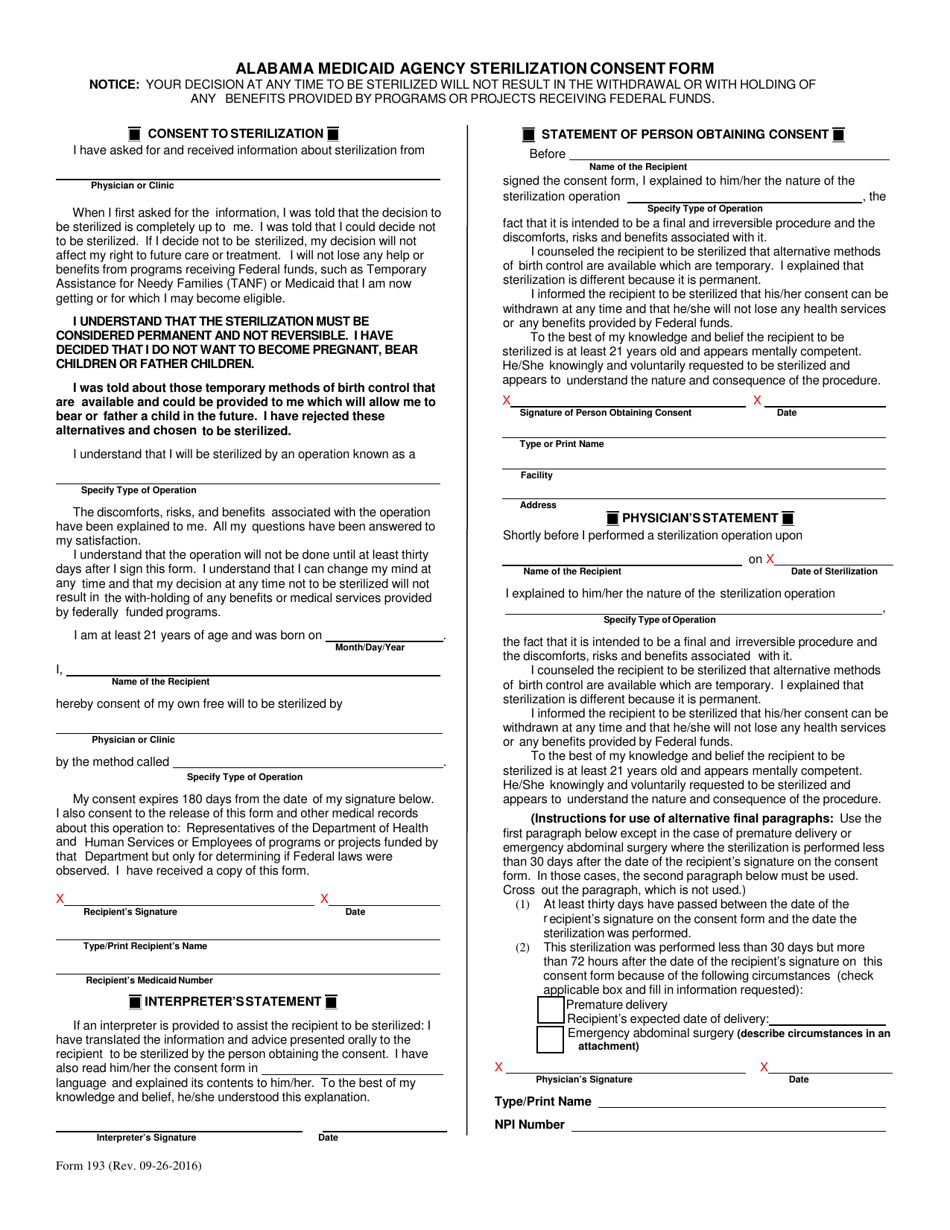 Form 193 Alabama Medicaid Agency Sterilization Consent Form - Alabama, Page 1