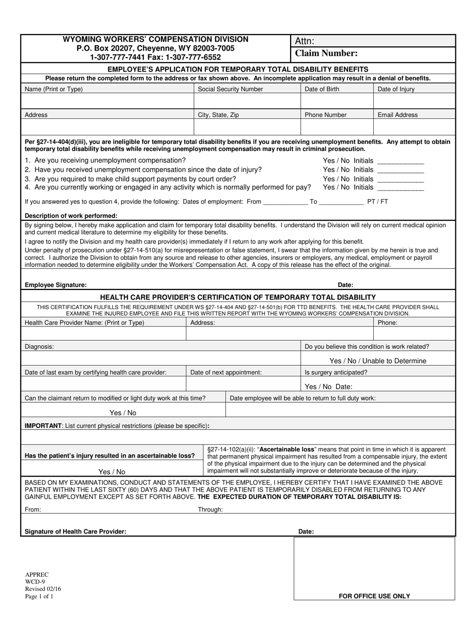 Form WCD-9 Employees Application for Temporary Total Disability Benefits - Wyoming, Page 1