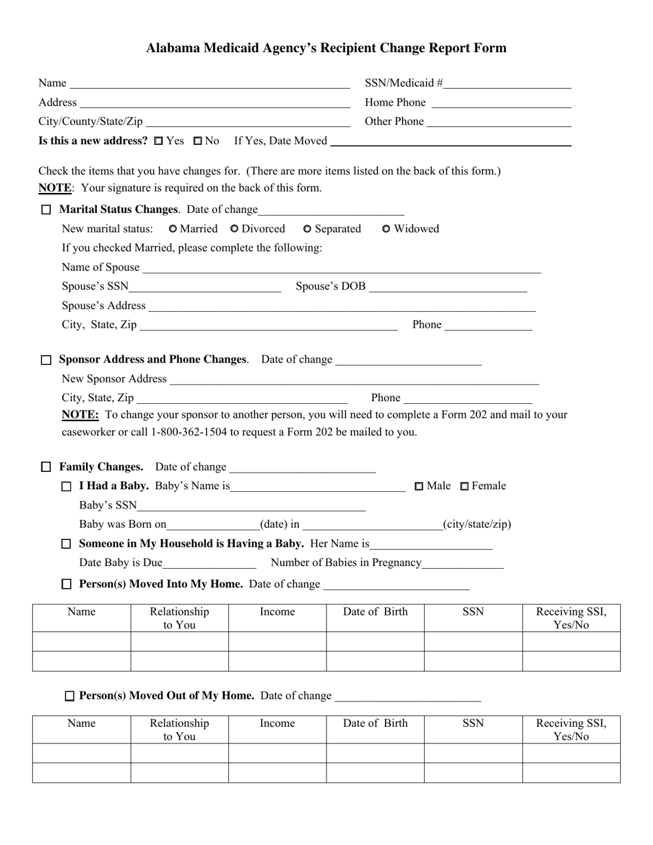 Form 295 Alabama Medicaid Agencys Recipient Change Report Form - Alabama, Page 1