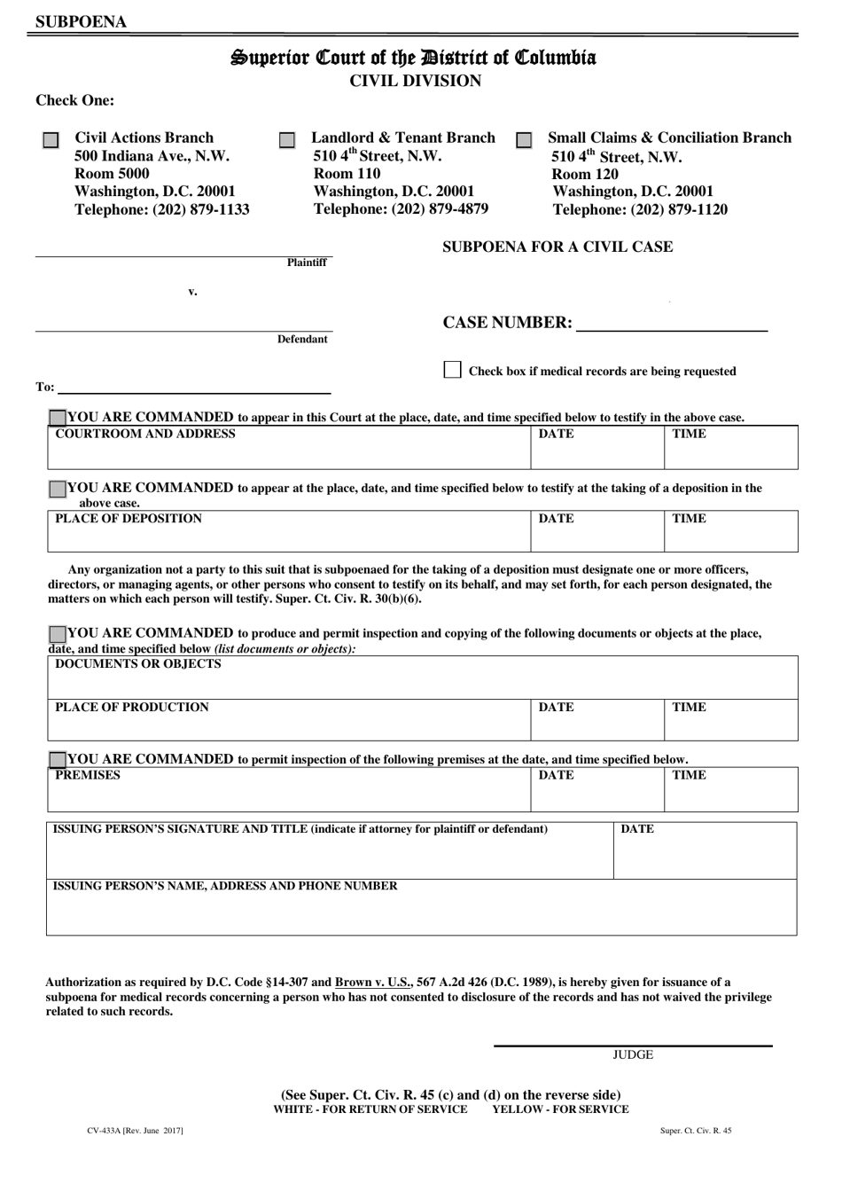 Form CV-433A Subpoena for a Civil Case - Washington, D.C., Page 1